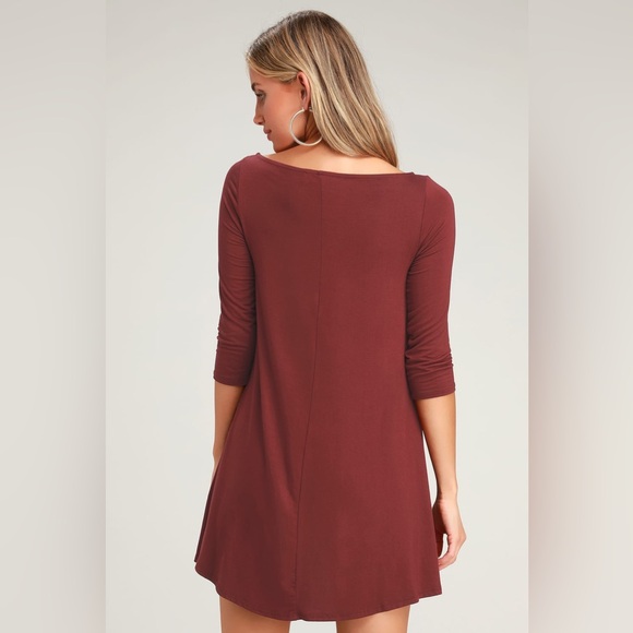 In Full Swing Wine Red Three-Quarter Sleeve Swing Dress - Picture 3 of 8